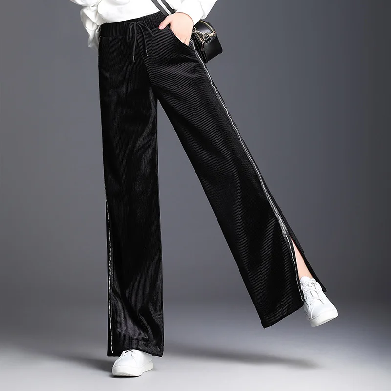 Otoño Elástica La 2018 Largos Casuales Black Pantalones De Alta Moda Cintura Ancho Mujer Negro Pierna Invierno Las Dividir Mujeres rnxrq6SO