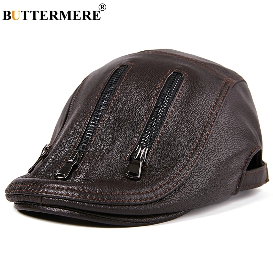 leather beret hat mens BUTTERMERE Black Berets For Men Leather Flat Caps Male Adjustable Ivy Cap Zipper Genuine Sheepskin Leather Italian Duckbill Hats wool beret for men