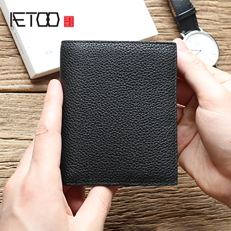 

AETOO Head cowhide vertical wallet leather lychee tattoo men's Business ticket clip thin driver's license wallet