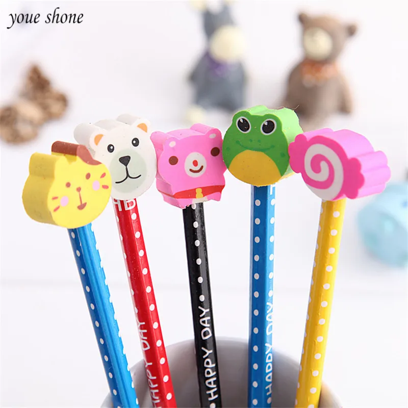 

2Pcs/lots With rubber pencils cute mechanical pencil animal head rubber pencil for school office student supplies