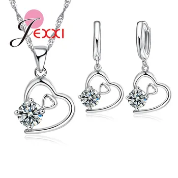 

Sweet Girls 925 Sterling Silver Jewelry Sets Double Hearts Hollow Design Crystal Pendant Necklace Earrings Accessories