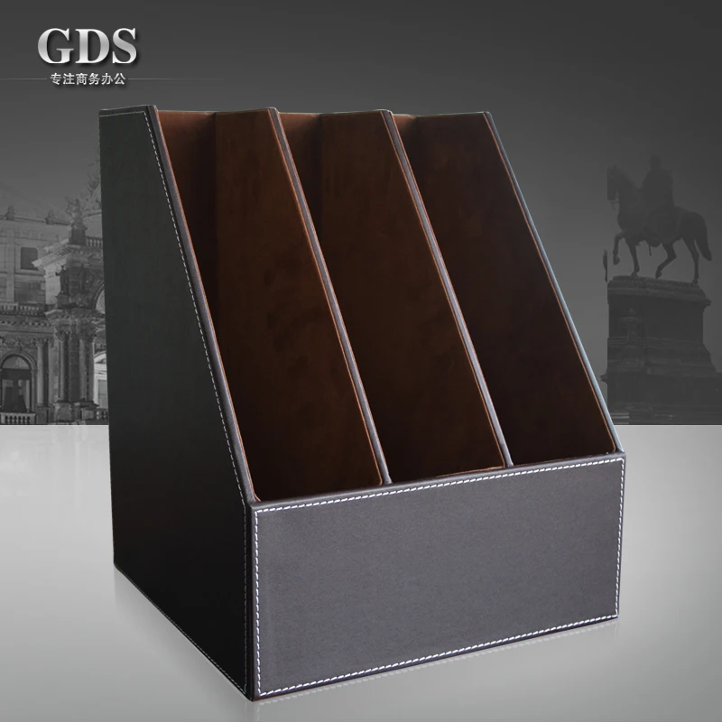 Pitebo 3 Slot Wood Leather Desk File Document Holder Tray Box