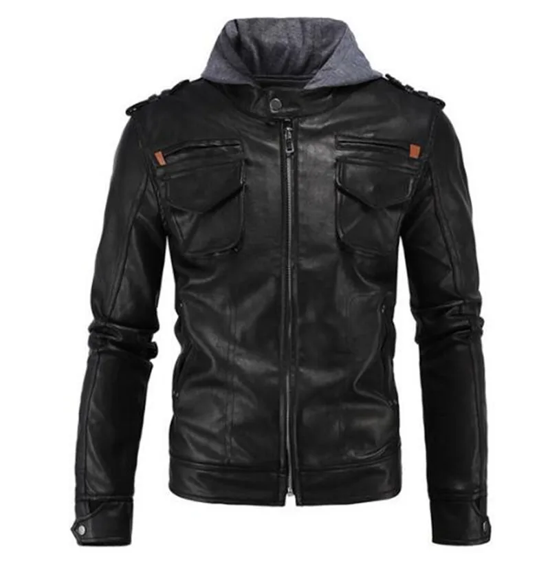 

New Retro Vintage Motorcycle Jackets Hooded Safari Coats Black Moto Jacket With Hat Hoodie Punk Style Leather Jacket Size M-5XL