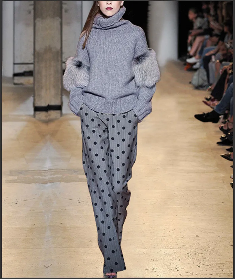 

New Autumn Winter Knitted Sweater & Dot Wool Pants Two Piece Sets Warm Rabbit Fur Women's Suit SO6799