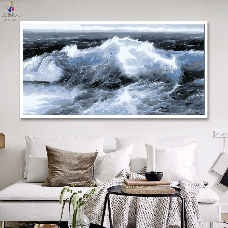 DIY Раскраска по номерам большой размер морской пейзаж бурные фотографии волн картины Рисунок по номерам с наборы для декора стен