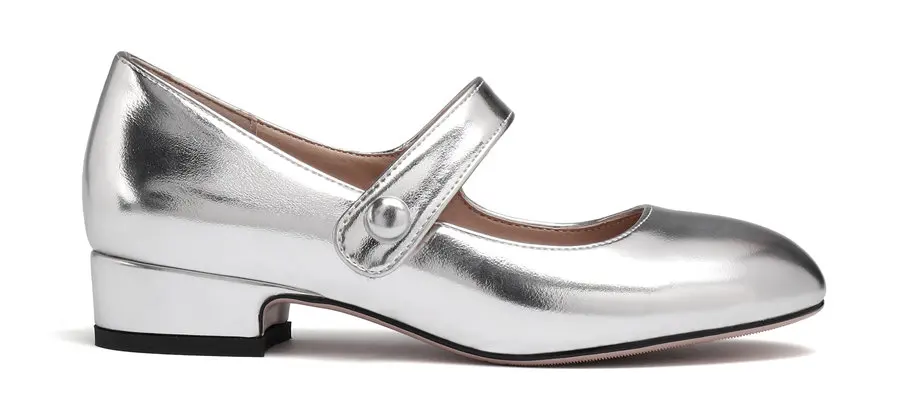 Элегантные женские туфли-лодочки mary jane из искусственной кожи серебристого и золотистого цвета на низком квадратном каблуке с круглым носком Повседневная Женская обувь в стиле «лолита» на липучке для свадебной вечеринки