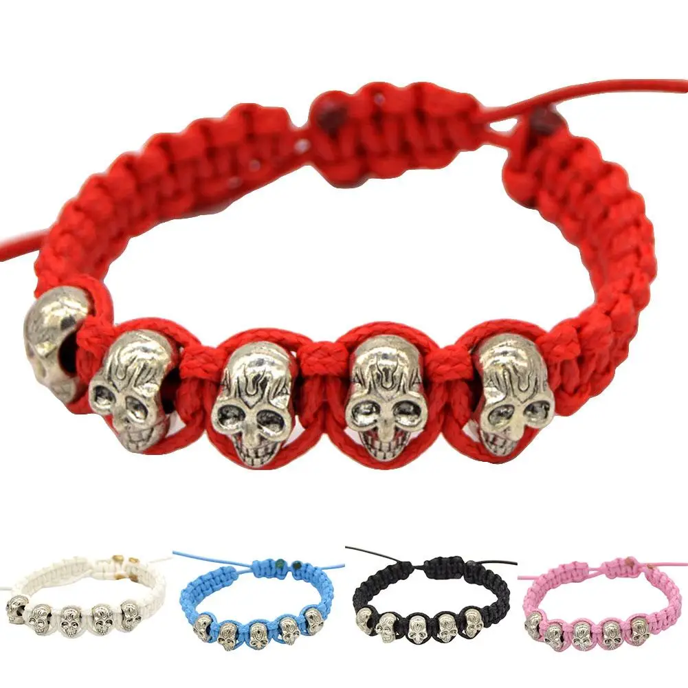 

New Men Women Fashion Punk Skull Head Adjustable Wax Rope Handmade Bracelet