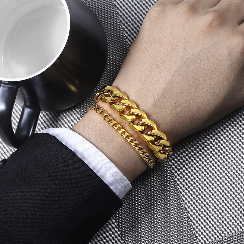 Double Chain Bracelet For Men Hip Hop Silver Stainless Steel Cuban Link