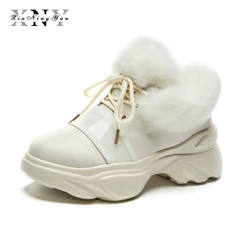 

XiuNingYan 2018 New Women Snow Boots Keep Warm Plush Boots Women Fluff Shoe Fur Leather Flats Women Sneakers Female Winter Boots