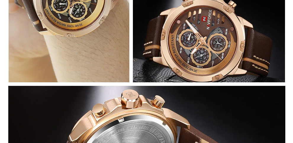 NAVIFORCE Men's Fashion Sports Watches Waterproof Leather Strap Creative Analog Quartz Wrist Watch Men Clock Relogio Masculino