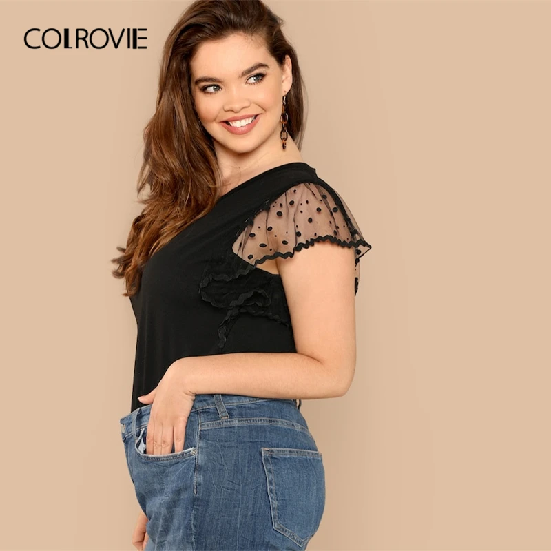 COLROVIE Plus Size Black Mesh Contrast Flutter Sleeve V-Neck Casual T-Shirt Women Tops 2019 Spring Short Sleeve Elegant Tee COLROVIE Plus Size Black Mesh Contrast Flutter Sleeve V-Neck Casual T-Shirt Women Tops 2019 Spring Short Sleeve Elegant Tee