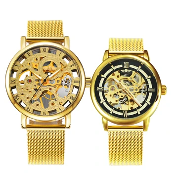 

WINNER Official Couple Watch Set Fashion Mechanical Women Watch Men Ultra Thin Mesh Strap Top Brand Luxury Valentine's Day Gift
