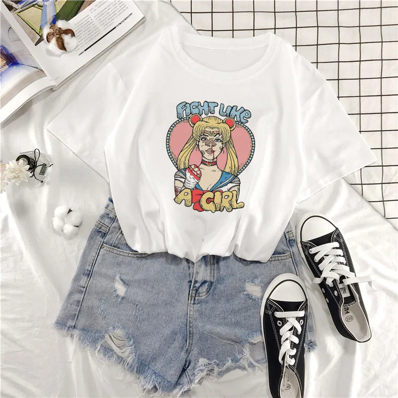 

Harajuku fashion beautiful girl anime print female T-shirt 2019 New Summer Fashion casual spoof fun loose S-2XL women's clothing