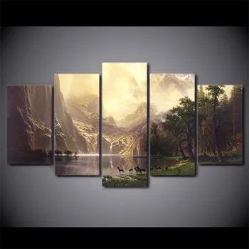 

5 Pcs Framed HD Printed Mountain Lake Deer Wall Picture Painting On Canvas For Living Room Art Poster Print Schilderen Op Nummer