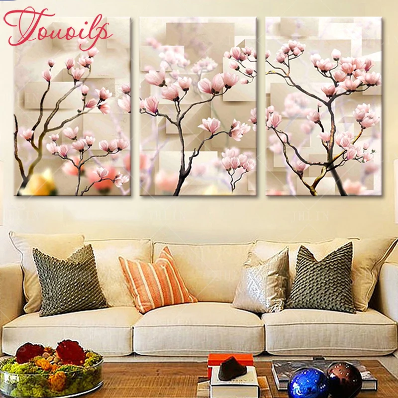 

3d DIY Diamond Painting Cross Stitch Kits Full Diamond Embroidery 5D Diamond Mosaic Home Decor triptych Magnolia flower 3 pcs