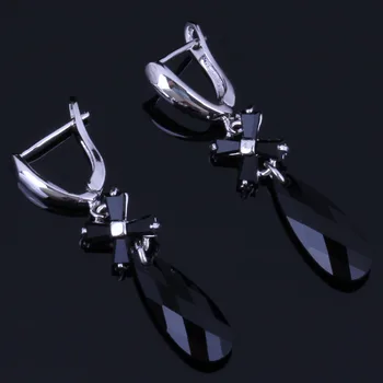 

Sparkling Long Water Drop Black Cubic Zirconia Silver Plated Drop Dangle Earrings V1011