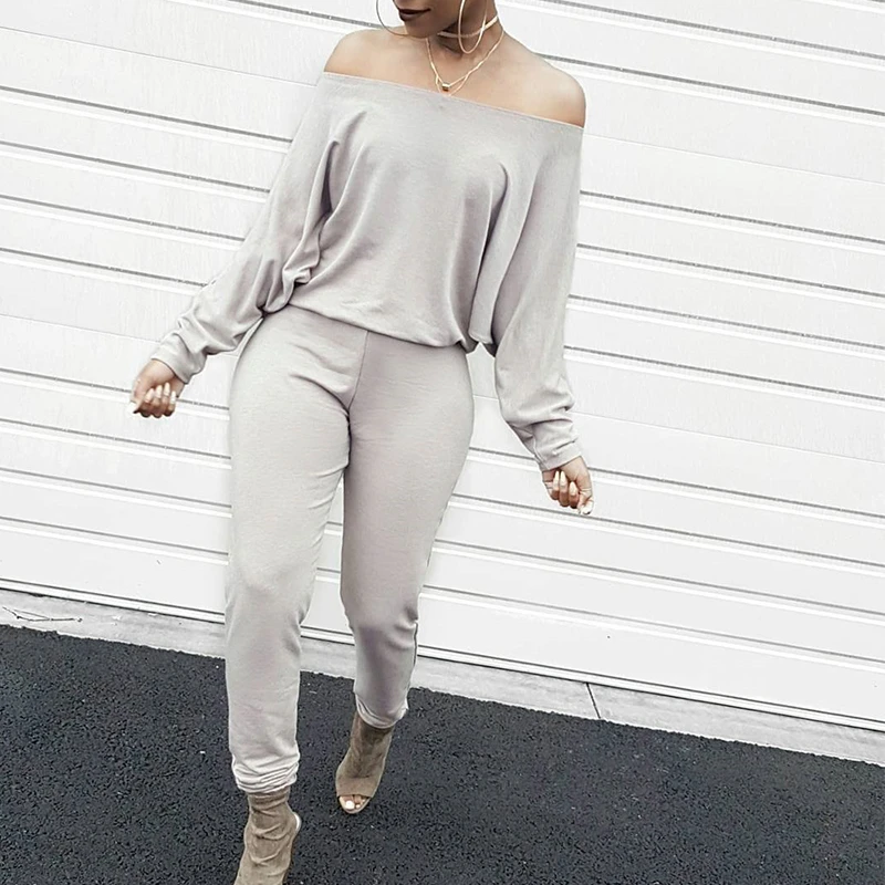 

Women New Fashion Batwing Sleeve Elegant Jumpsuits Slash Neck Off Shouler Full Sleeve Long Jumpsuits and Rompers Female Overalls
