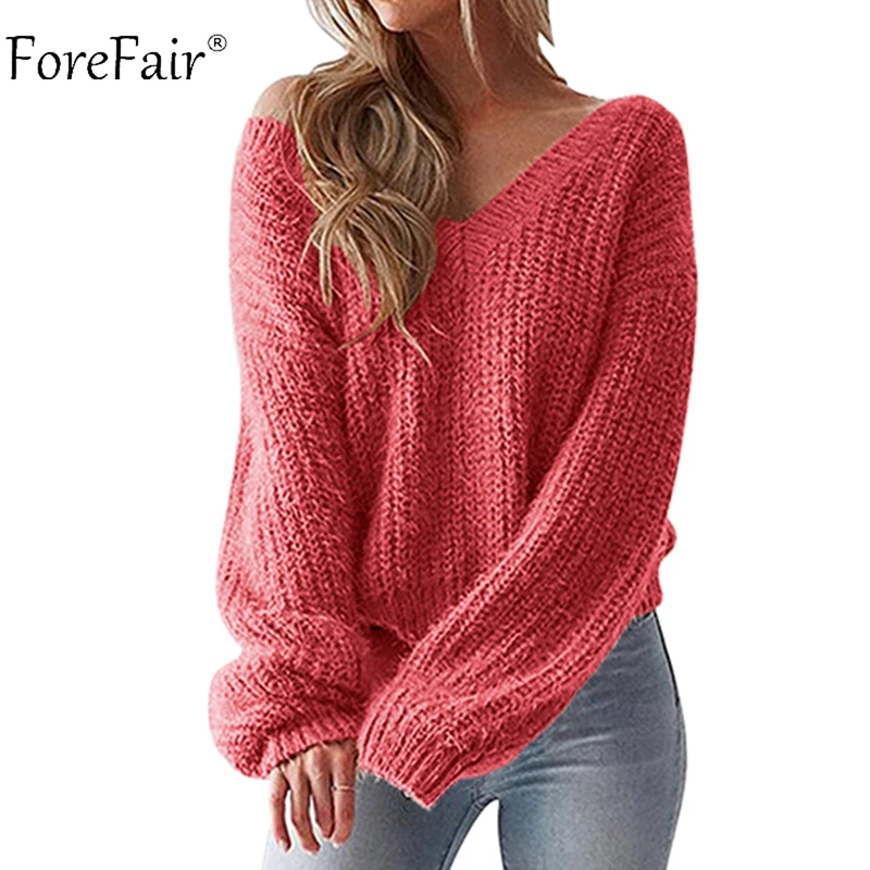 Forefair V Neck Knitted Sweater Women Yellow White Oversized Backless Long Sleeve Sexy Sweater Winter 2018 Knitwear Forefair V Neck Knitted Sweater Women Yellow White Oversized Backless Long Sleeve Sexy Sweater Winter 2018 Knitwear
