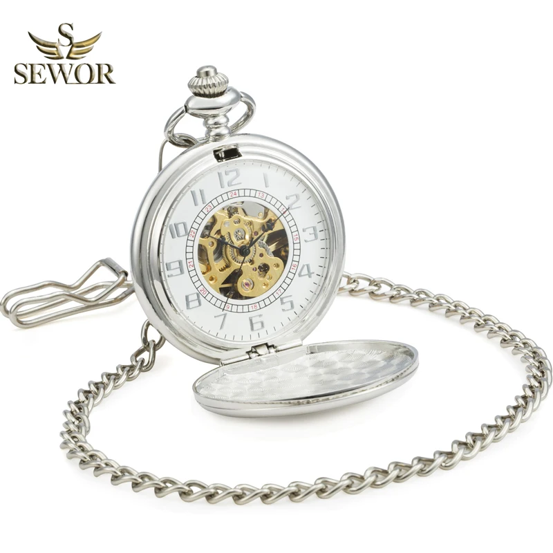 SEWOR Элитный бренд Мода Серебряный Классическая руководство механические Для мужчин подарок карманные часы карманные Fob часы C249