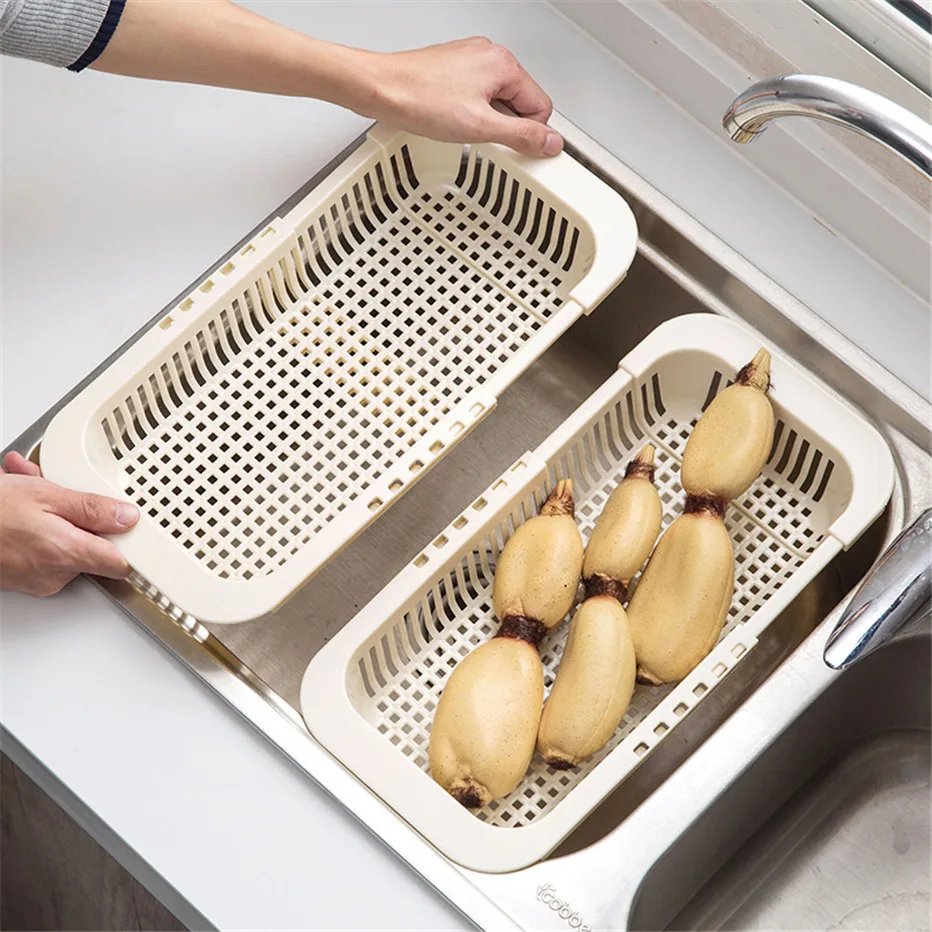 MeyJig Adjustable Sink Dish Drying Rack Kitchen Organizer Plastic Vegetable Fruit Holder Storage Rack Sink Drain Basket