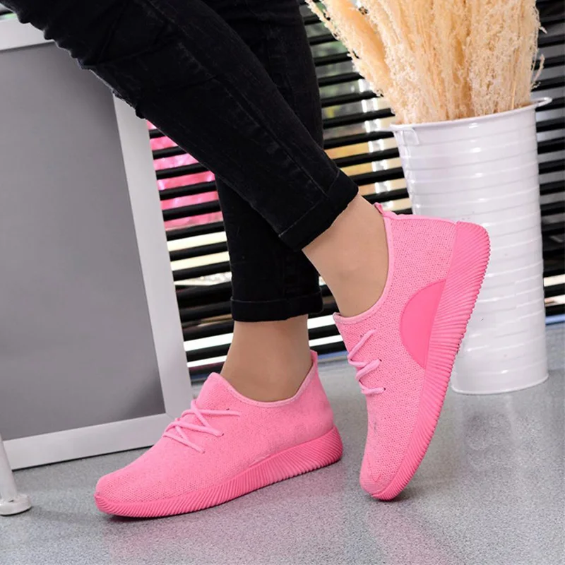 Весенние женские туфли из сетчатого материала на плоской подошве с перекрестной шнуровкой; женская обувь на платформе без шнуровки; Повседневная Удобная модная повседневная обувь размера плюс - Цвет: pink
