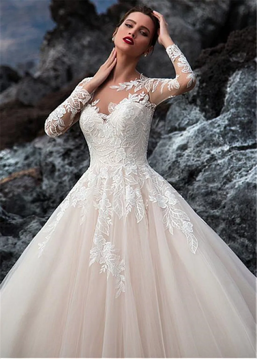 Изысканное Тюлевое свадебное платье трапециевидной формы с жемчужинами и кружевной аппликацией, с длинными рукавами, пляжные свадебные платья