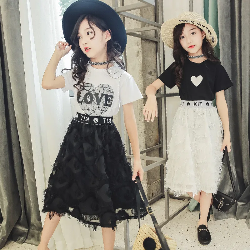 

2019 Summer Girls Shorts Suit Kids Clothing Set Teen Girls Clothes Set Fashion Costume For Girl White T-Shirt+Skirt Suits 2 Pcs