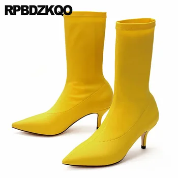 

Stiletto Candy Stretch Boots Yellow Designer Shoes Women Luxury 2018 Fall Pointed Toe High Heel Mid Calf Fashion Purple Autumn