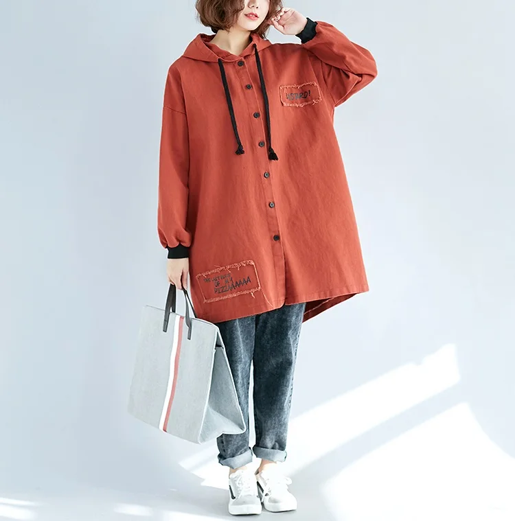 Весенний Джинсовый плащ, большой размер, Свободный кардиган с капюшоном и карманами, длинное пальто, женская ветровка, верхняя одежда - Цвет: Red