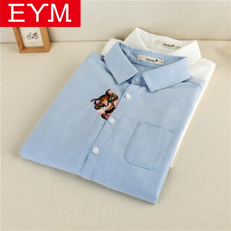 EYM Brand Blouse Shirt Women 2018 New Long Sleeve Ladies Tops Solid White Casual Oxford Embroidery Shirts Women's Clothes Blusas