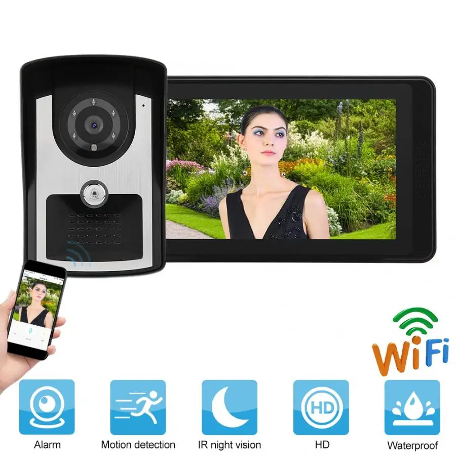 7 Inches LCD Wired Video Door Phone Intercom Doorbell App Remote Unlocking Video Recording AU/UK/EU/US Plug