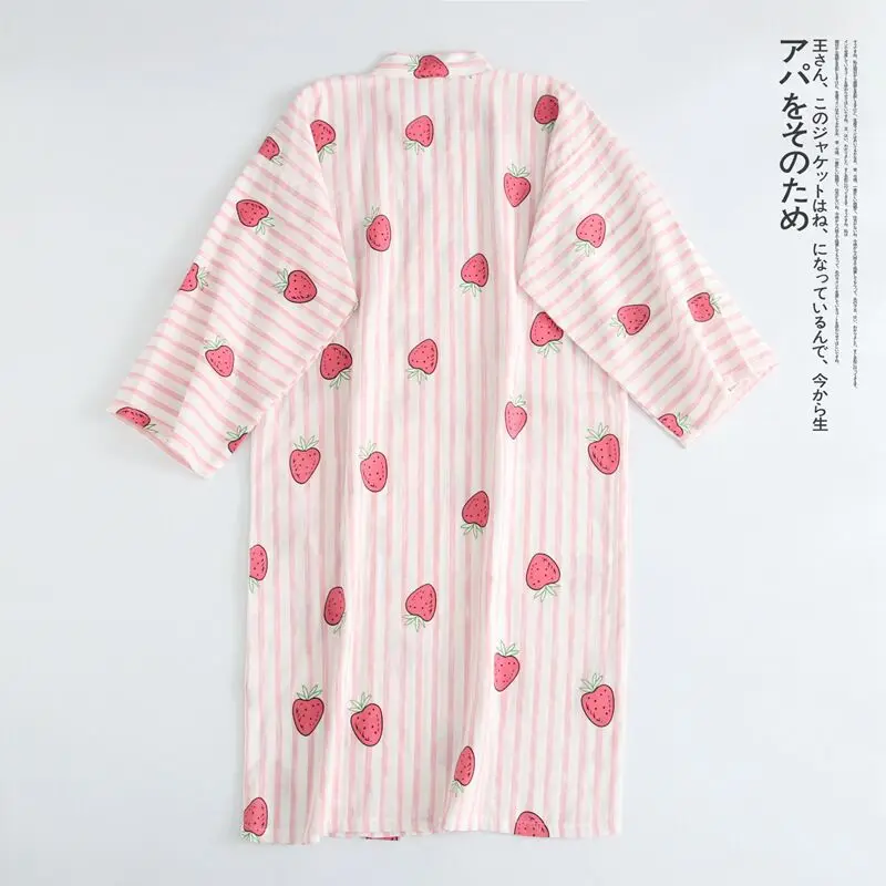 Весна Лето газовые хлопковые халаты кимоно, ночная рубашка простой полосатый клубничный тонкий секционный свободный большой размер Домашний халат