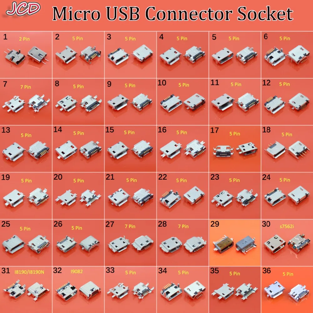 JCD новая 36 модель мини micro usb разъем гнездо для зарядки женский V8 порт штекер 2 Pin 5Pin 7 Pin для samsung телефон планшетный ПК