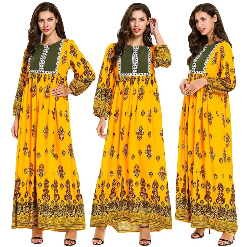 

New 2019 Spring Abaya Muslim Dress Arabic Abayas Printed Dress Pakistani Dubai Islam Print Ethnic Dresses Yellow Vestido Casual