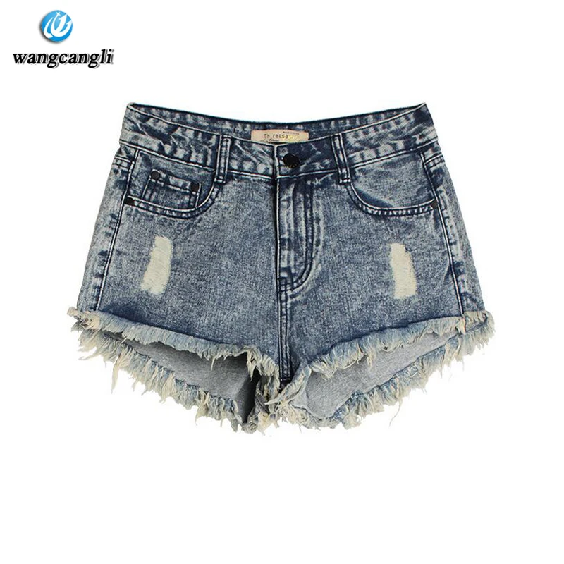 

wangcangli top New cave irregular cat owl cowboy Jeans high waist shorts hot thin pants snow gray jeans of large sizes for women