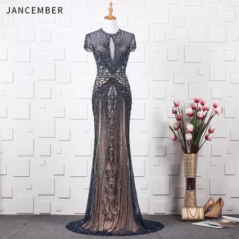 

JANCEMBER avondjurken 2019 O Neck Illusion Open Keyhole Chest Zipper Back Cap Sleeve Crystal Beaded Pattern arabic evening dress