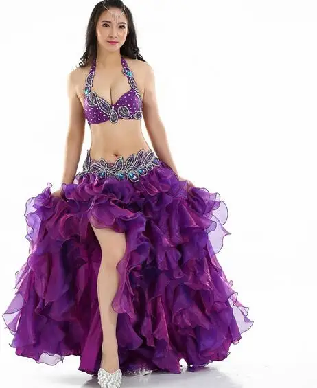 

Free Shipping Sexy Slit Women 3-piece Belly Dance Costume Set For Adults Peacock Dancing Suits Performance Dress White Purple