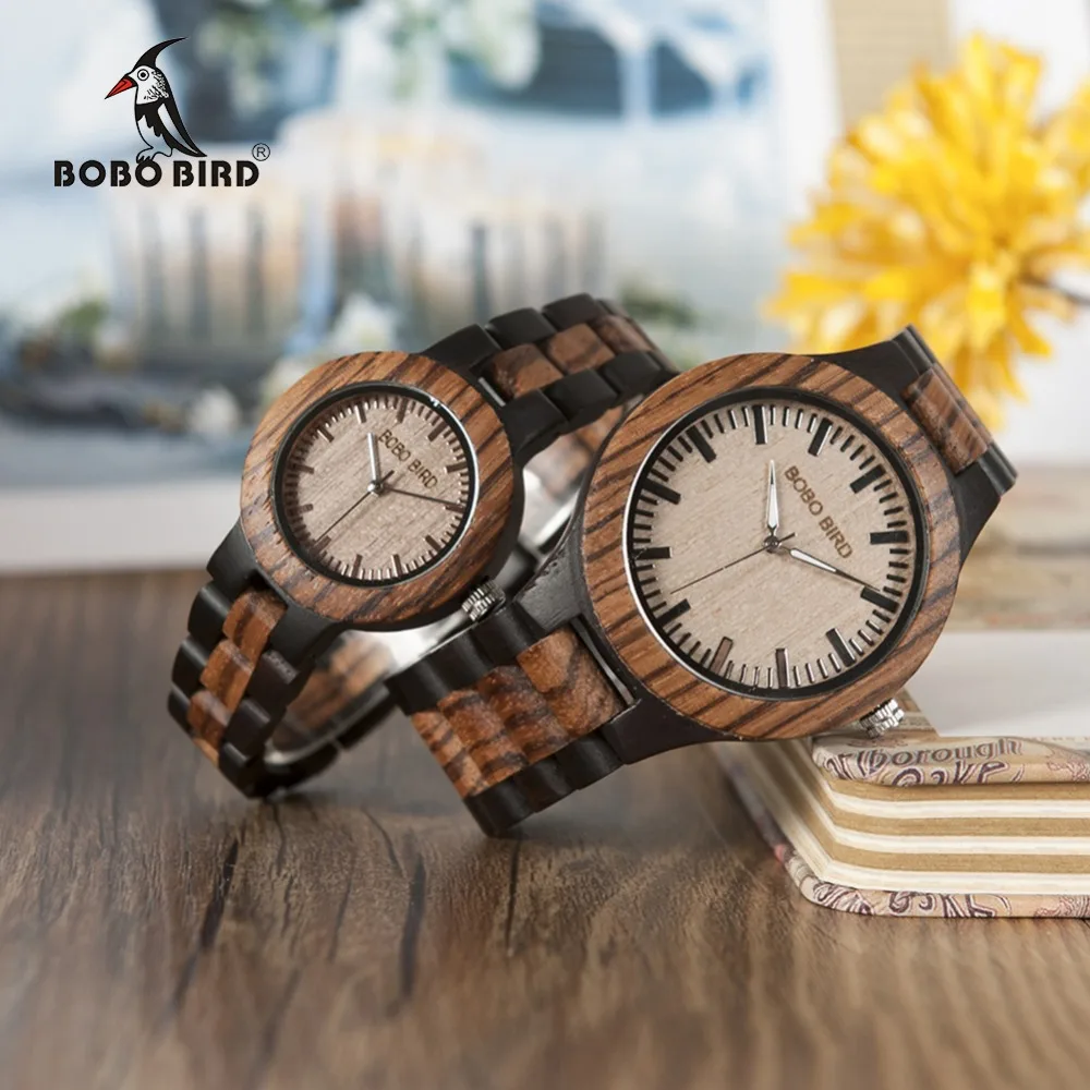 

BOBO BIRD N28N30 Zebra Ebony Wooden Watches for Men Women Two-tone Quartz Lovers Watch with Tool for Adjusting Size Wood Box