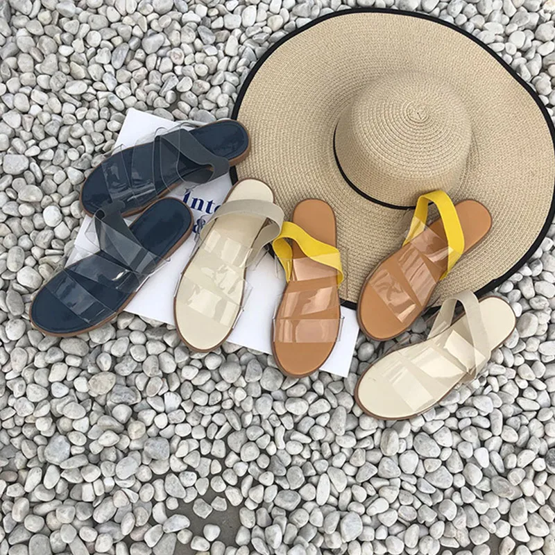 

Boussac Transparent PVC Sandals Women Solid Open Toe Flat Slipper Sandals Women One Strap Elegant Ladies Shoes SWC0526