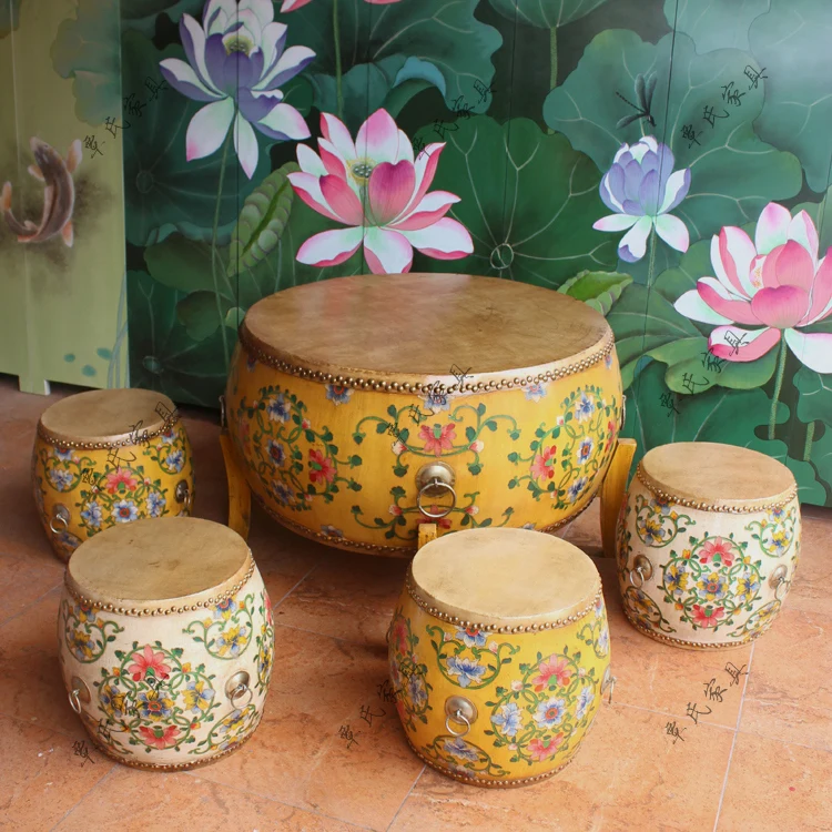 American round tea table do old leather tea-table hand-painted drum drum stool european-style solid wood tea table