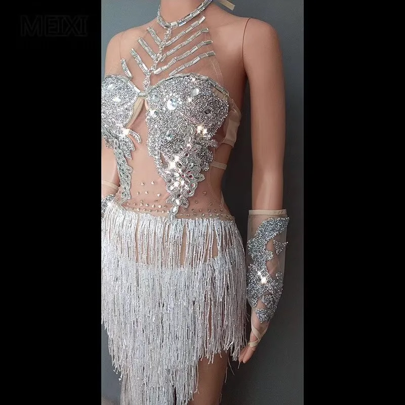 Дизайн Блестящие Серебряные Кристаллы бахрома танцевальный костюм перчатки со стразами кисточкой одежда для сцены танцевальное шоу сексуальный наряд