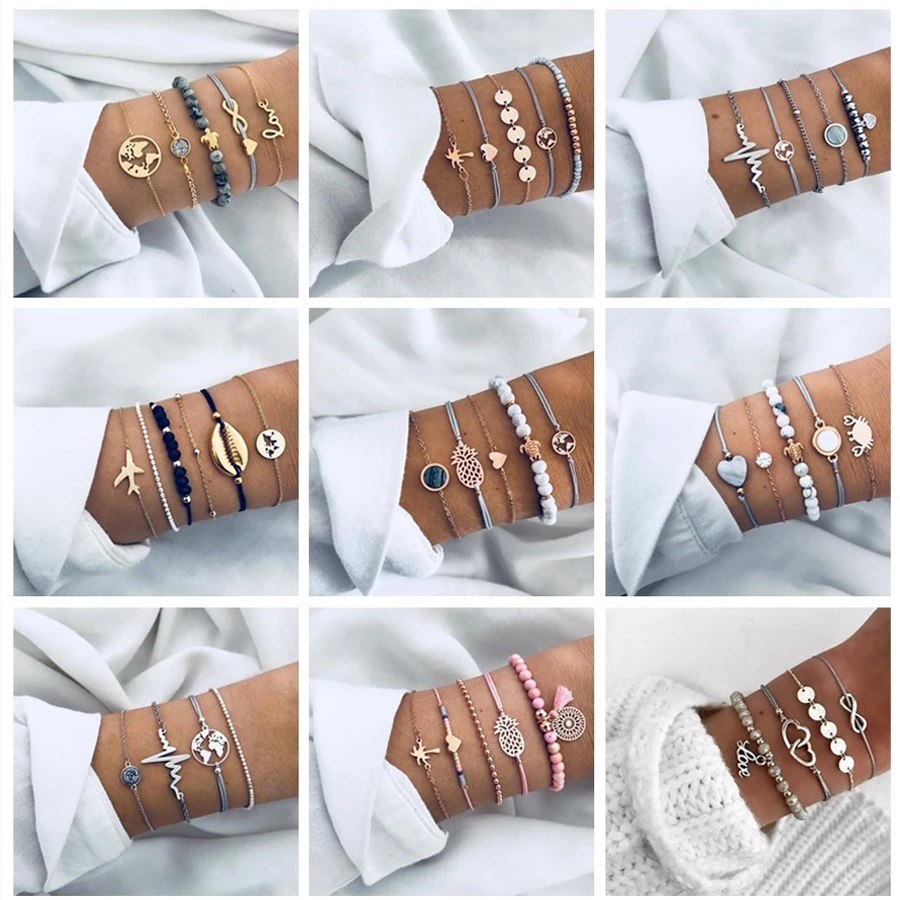 

docona Bohemian Shell Map Letter Layered Bracelet set for Women Geometric Heart Beads Tortoise Bracelet Bangle Pulseiras