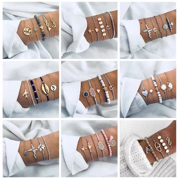 

docona Bohemian Shell Map Letter Layered Bracelet set for Women Geometric Heart Beads Tortoise Bracelet Bangle Pulseiras