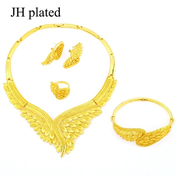 

JHplated Ethiopia African Fashion gold color Wedding Jewelry set Necklace Earrings Ring Bride Jewelry Sets for women best gifts