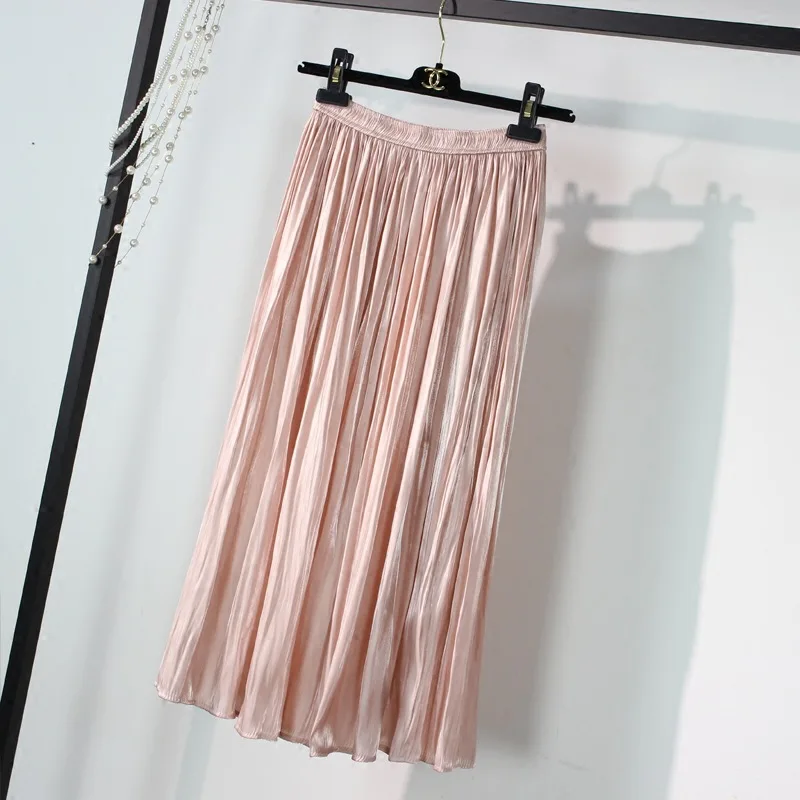 Супермодные летние шелковые юбки до середины икры с металлическим рисунком, мягкие плиссированные длинные юбки трапециевидной формы с эластичной резинкой на талии, цвета: розовый, мятный, зеленый - Цвет: Розовый