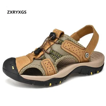 

2019 Outdoor Baotou Summer Sandals Scrub Cowhide Mesh Splice Men's Sandals Non-slip Men Shoes Summer Slippers Sandals Large Size