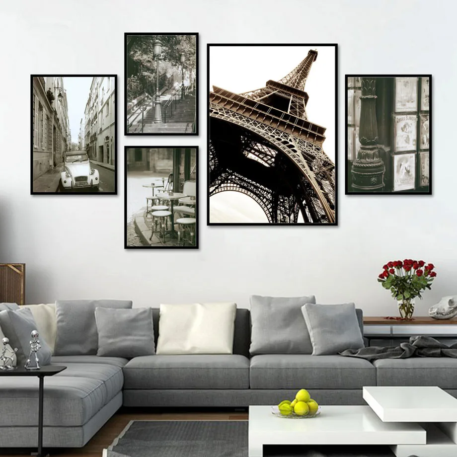 Paris Tower Street Lamp Car Stairs Retro Wall Art Canvas Painting Nordic Posters And Prints Wall Pictures For Living Room Decor