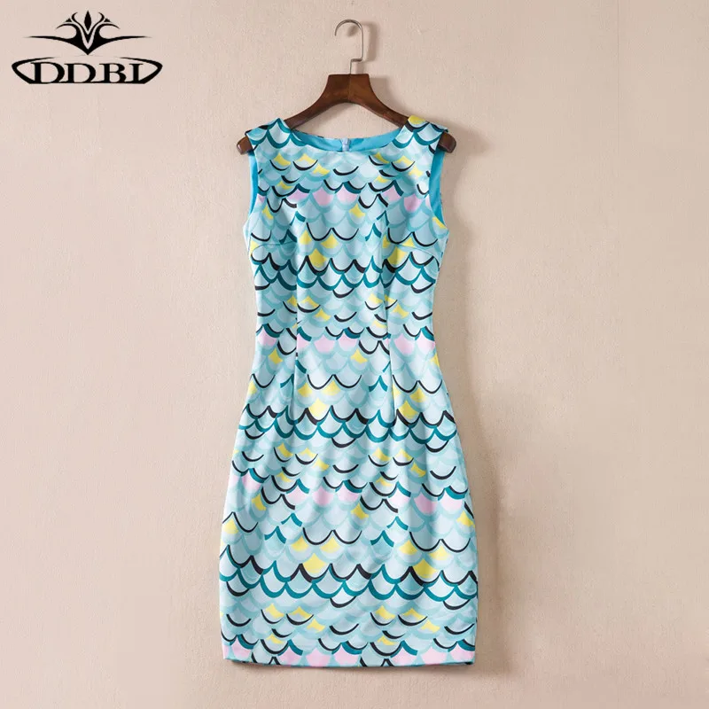 high quality summer dress blue fish scales print tight dress 180503