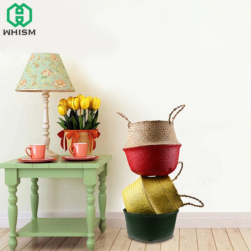 WHISM Wicker Flower Pots Handmade Garden Pots Planters Rattan Hanging Basket Seagrass Woven Flowepot Foldable Storage Baskets