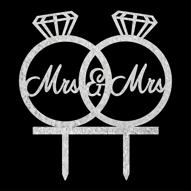 1pc Acrylic Mrs & Mrs Diamond Rings Cake Flag Topper Gold Silver Cake Flags For Wedding Anniversary Party